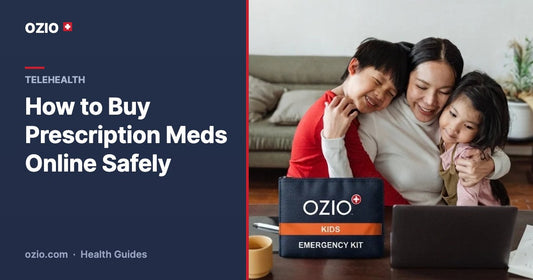 Family at home with laptop and OZIO Kids Emergency Kit, how to buy prescription medications online safely banner