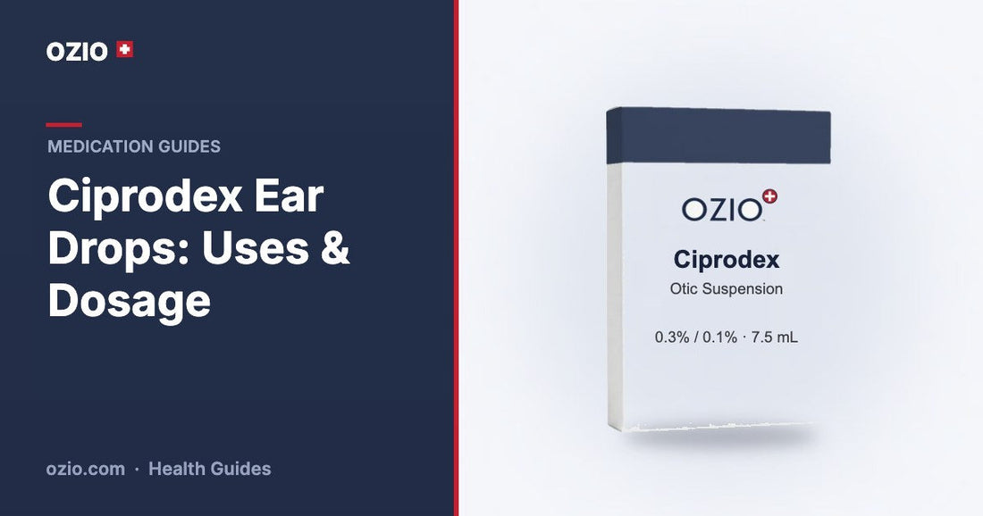 Ciprodex ear drops guide banner with an OZIO ciprofloxacin and dexamethasone otic box