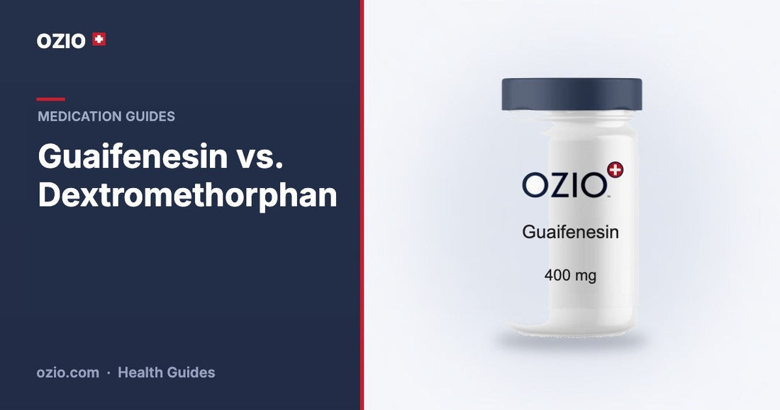 Guaifenesin vs dextromethorphan guide banner with an OZIO guaifenesin 400 mg bottle