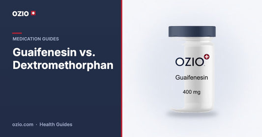 Guaifenesin vs dextromethorphan guide banner with an OZIO guaifenesin 400 mg bottle